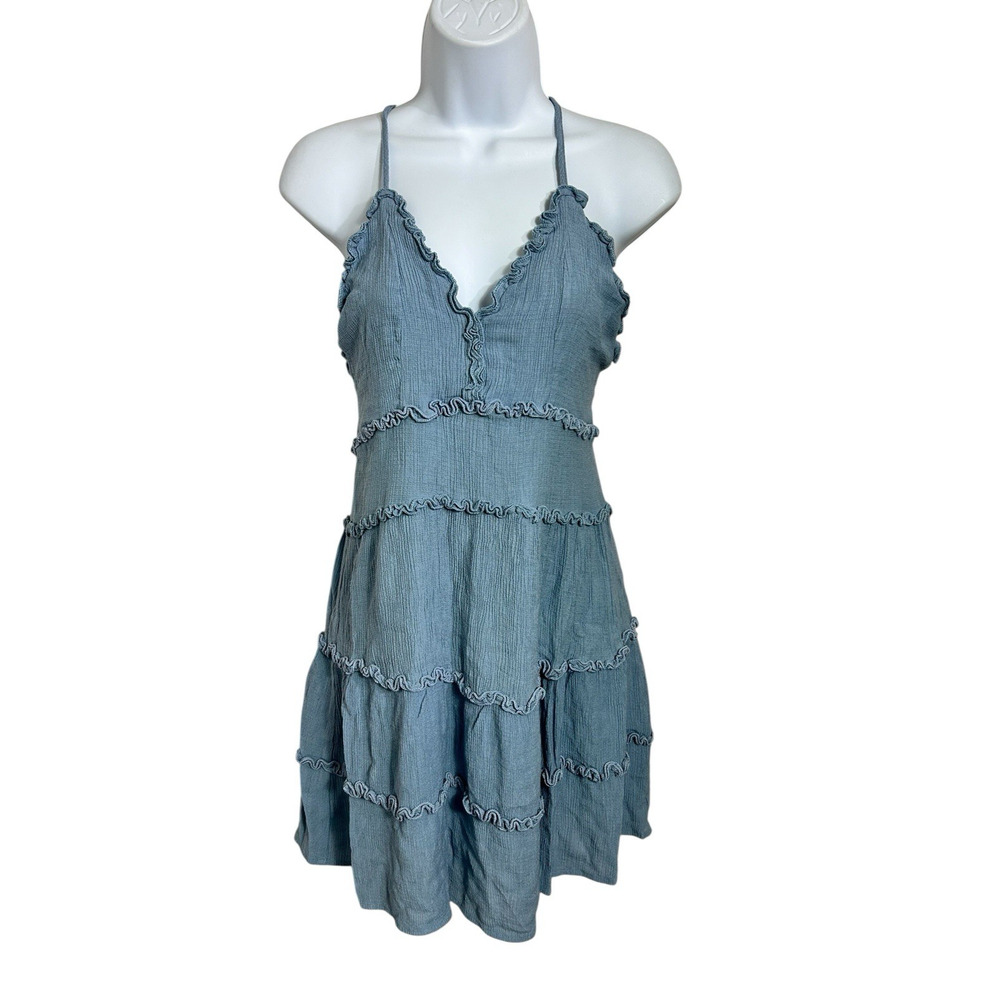 Fashion Nova Blue Angie Mini Dress Sz M Adjustable Spaghetti Straps Ruffle Trim - Picture 8 of 11